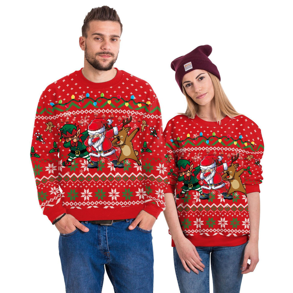 Christmas printed round-neck sweater top for couple