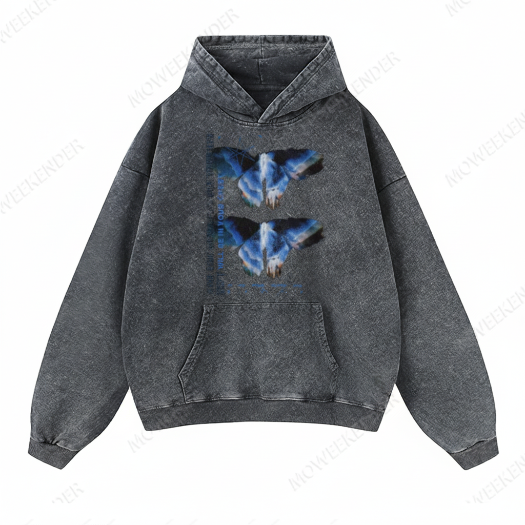 Butterflies Pattern Cyberpunk Unisex Fit Vintage Washed Hoodie