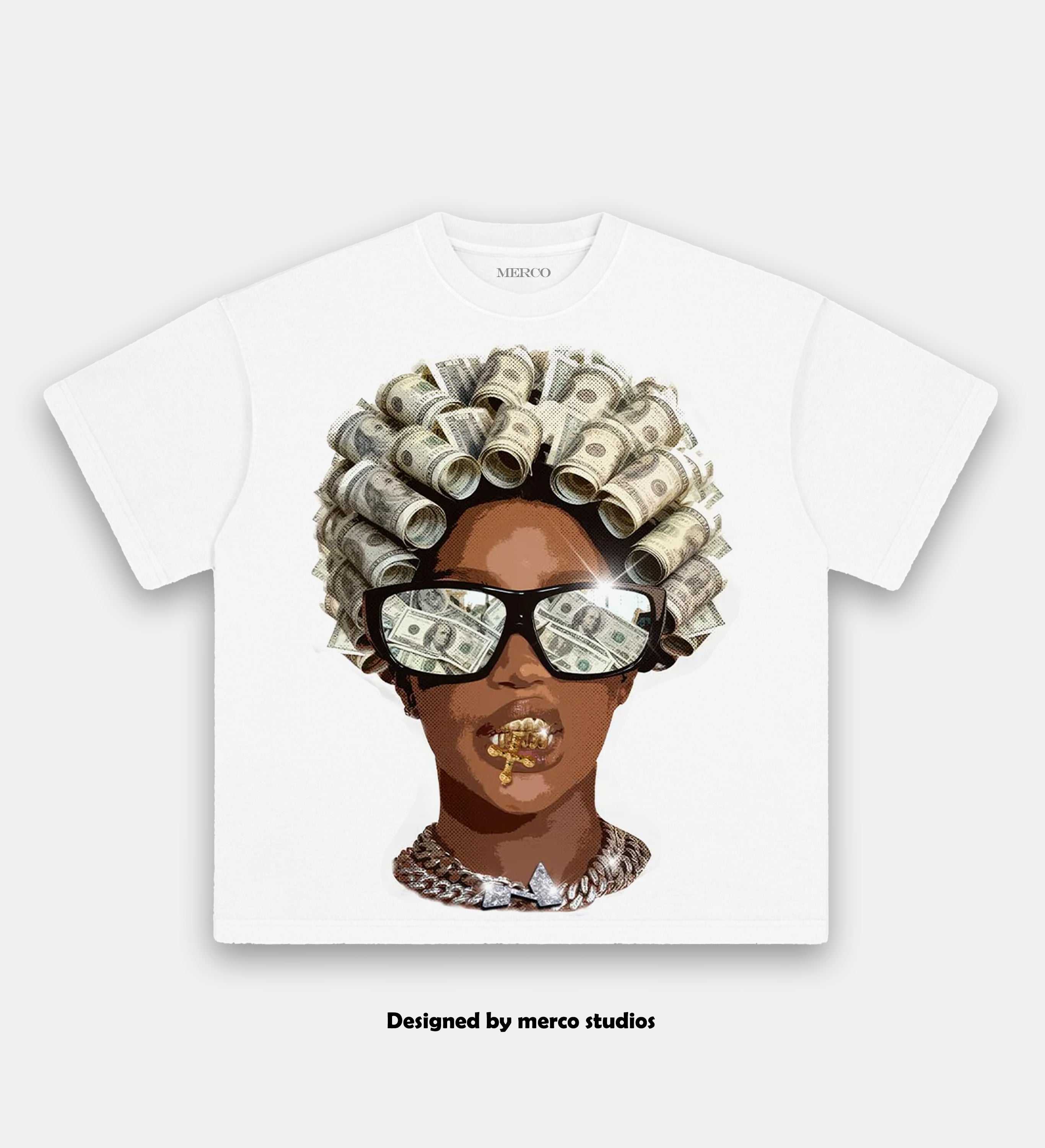 Dollar Bill Curls & Trendy Shades Design Image Print T-shirt